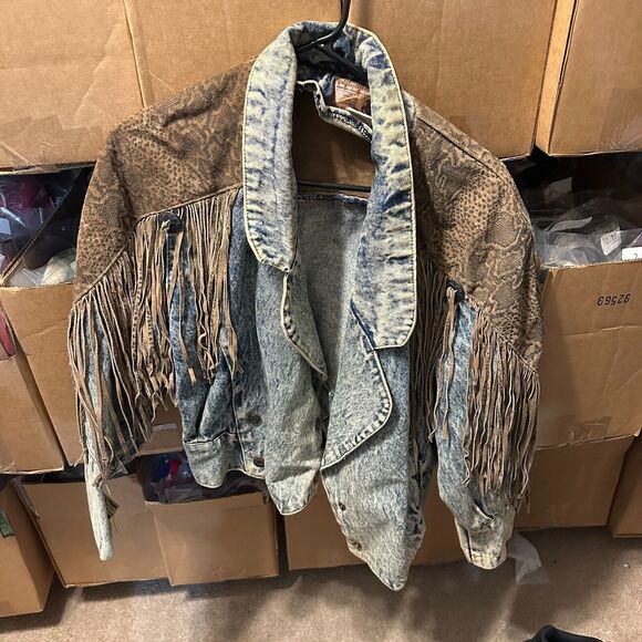 Prezzia Acid Washed Denim Jacket Vintage 80's Snake Leather Fringe Size M‎